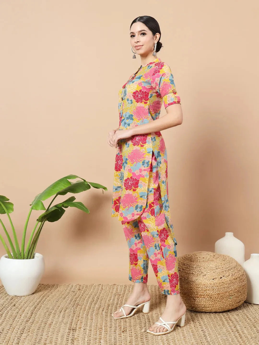Mustard Floral Print Hand Work On Yoke Cotton Co Ord Set