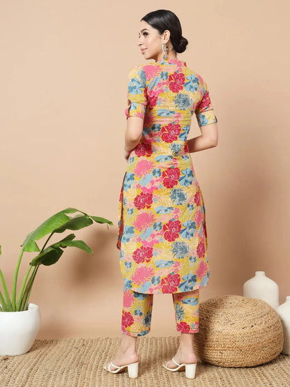 Mustard Floral Print Hand Work On Yoke Cotton Co Ord Set