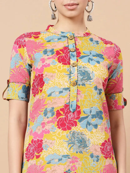 Mustard Floral Print Hand Work On Yoke Cotton Co Ord Set