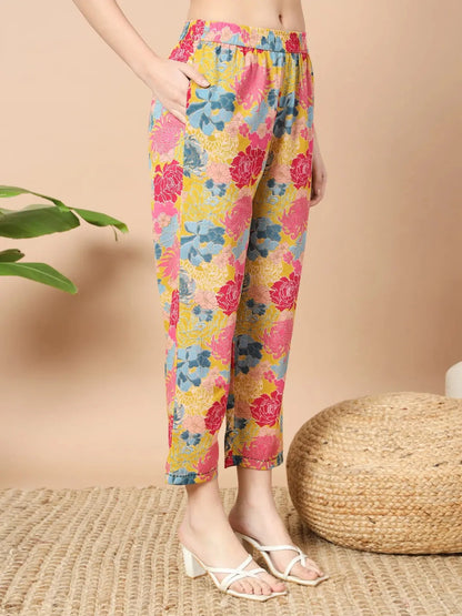 Mustard Floral Print Hand Work On Yoke Cotton Co Ord Set