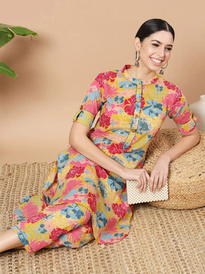 Mustard Floral Print Hand Work On Yoke Cotton Co Ord Set
