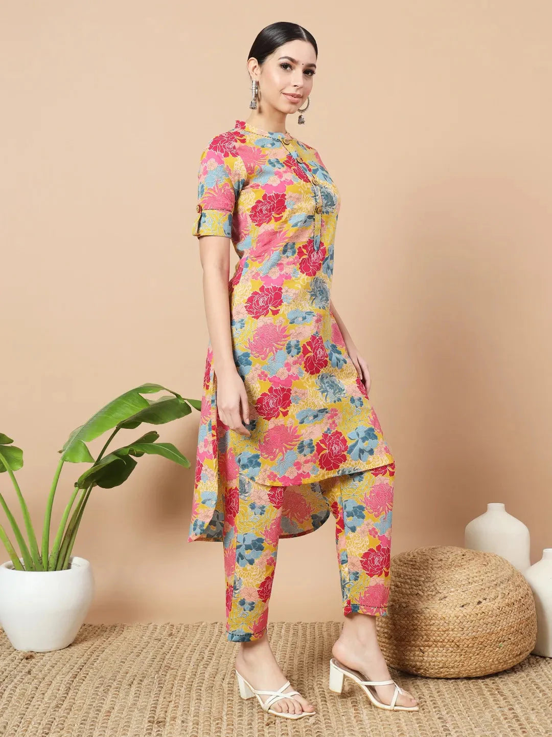 Mustard Floral Print Hand Work On Yoke Cotton Co Ord Set