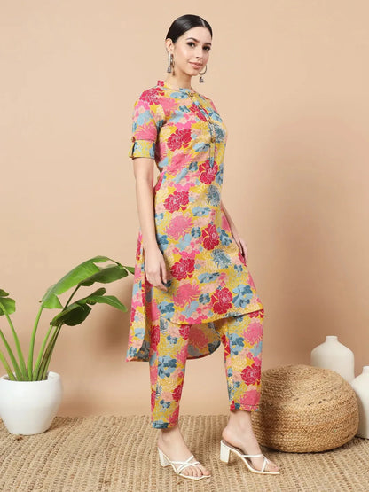 Mustard Floral Print Hand Work On Yoke Cotton Co Ord Set