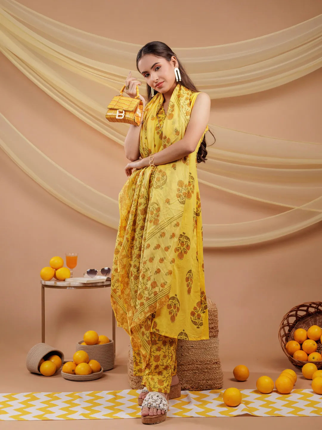 Mustard Floral Print Pure Cotton A Line Kurta Dupatta Set