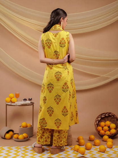 Mustard Floral Print Pure Cotton A Line Kurta Dupatta Set
