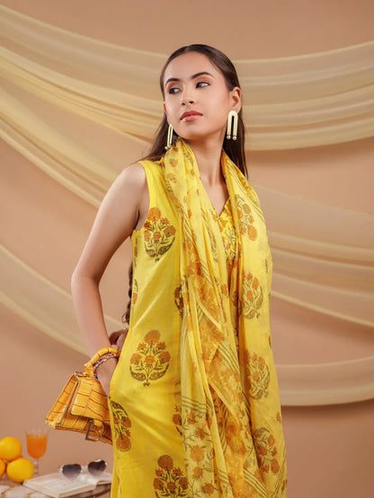 Mustard Floral Print Pure Cotton A Line Kurta Dupatta Set