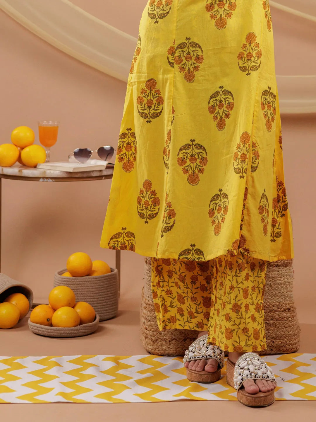 Mustard Floral Print Pure Cotton A Line Kurta Dupatta Set