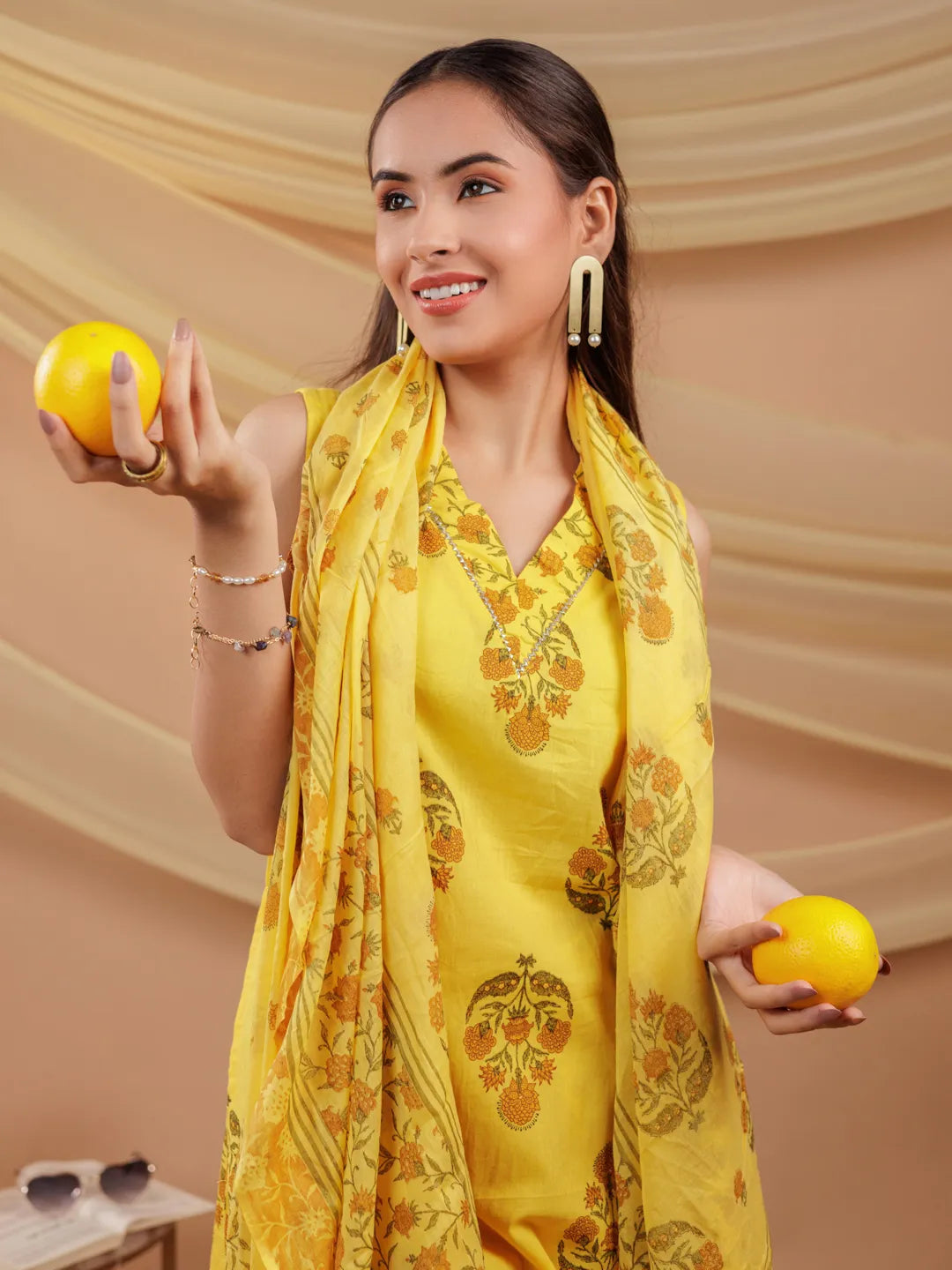 Mustard Floral Print Pure Cotton A Line Kurta Dupatta Set