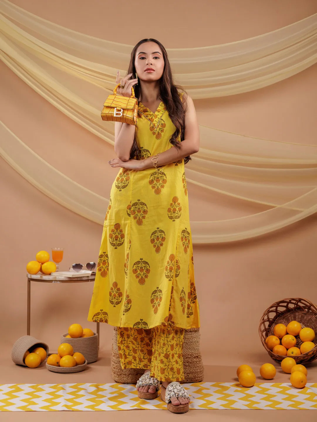 Mustard Floral Print Pure Cotton A Line Kurta Dupatta Set