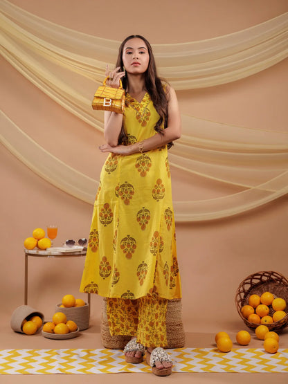 Mustard Floral Print Pure Cotton A Line Kurta Dupatta Set