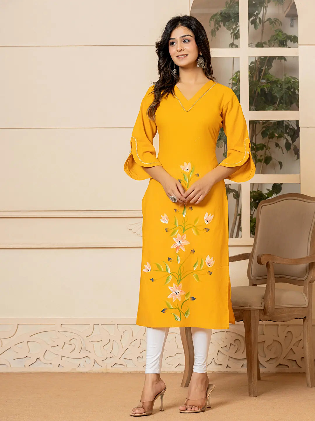 Mustard Hand Painted Straight Kurta