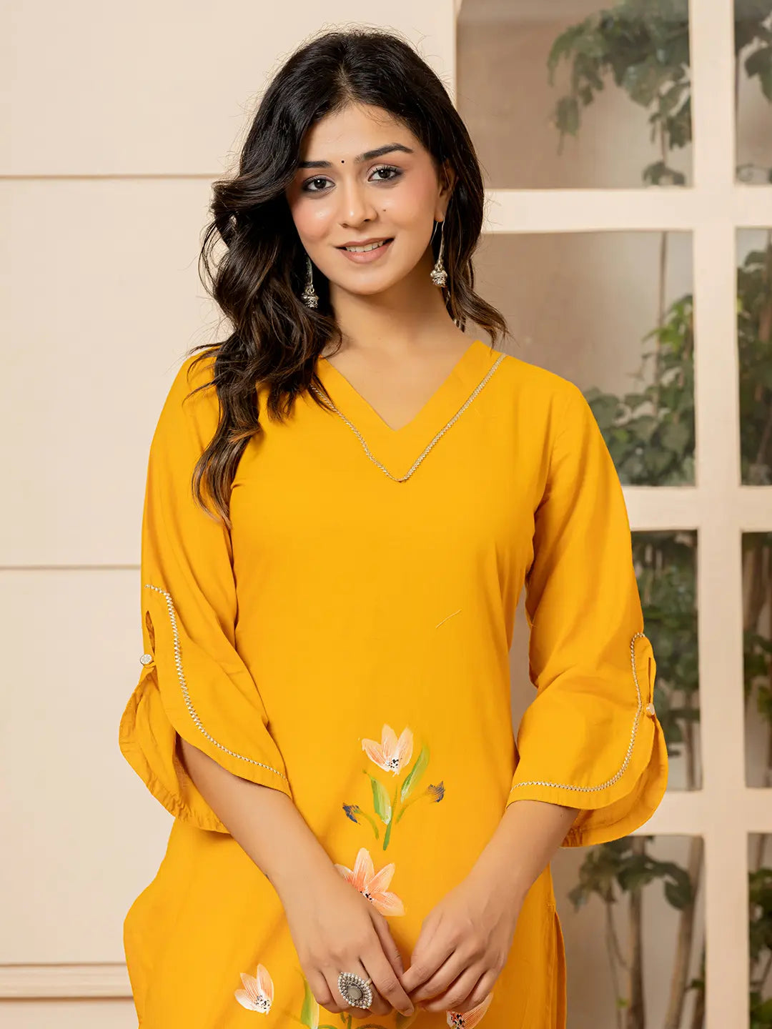 Mustard Hand Painted Straight Kurta