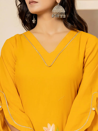 Mustard Hand Painted Straight Kurta