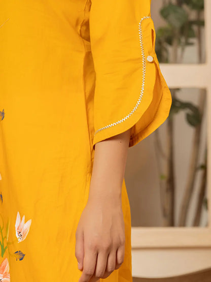 Mustard Hand Painted Straight Kurta