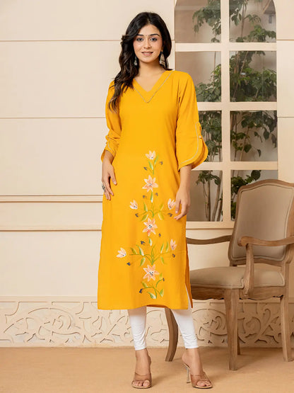 Mustard Hand Painted Straight Kurta