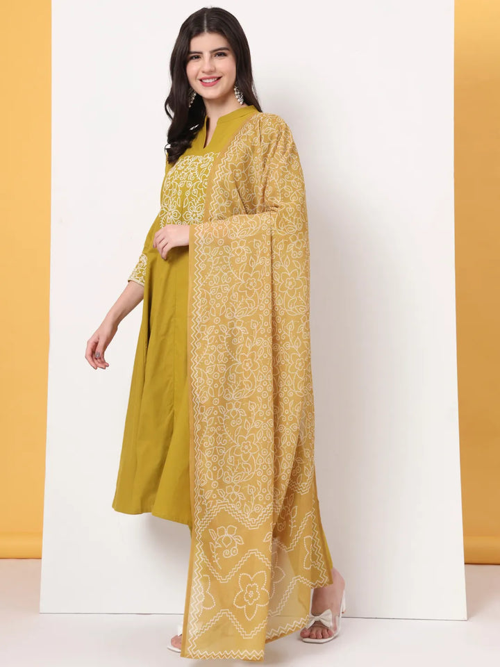 Mustard Pure Cotton Kantha Work A-Line Kurta Dupatta Pant Set