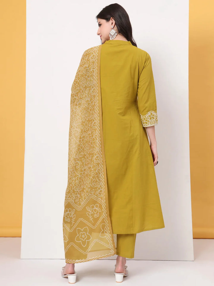 Mustard Pure Cotton Kantha Work A-Line Kurta Dupatta Pant Set