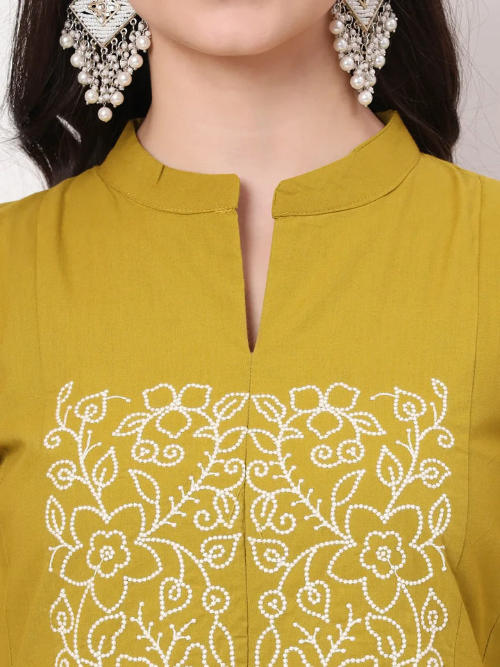 Mustard Pure Cotton Kantha Work A-Line Kurta Dupatta Pant Set
