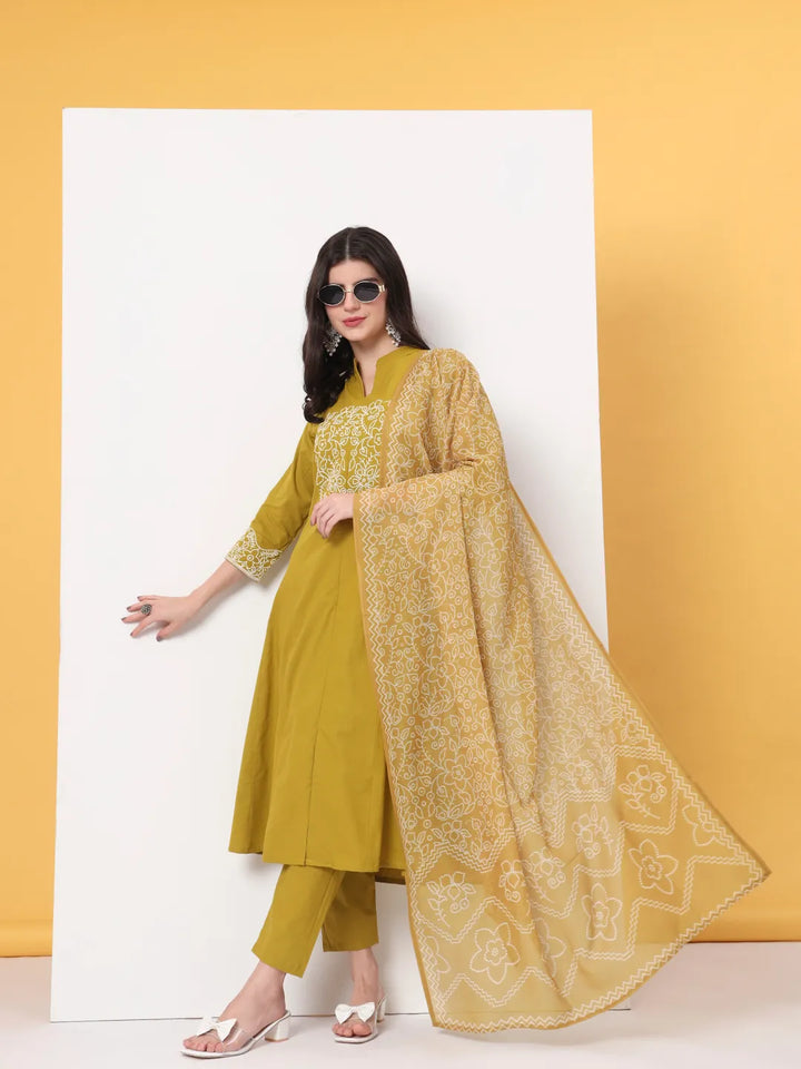 Mustard Pure Cotton Kantha Work A-Line Kurta Dupatta Pant Set