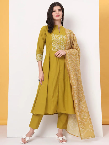 Mustard Pure Cotton Kantha Work A-Line Kurta Dupatta Pant Set