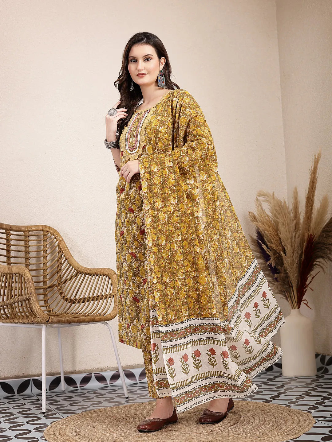 Mustard Pure Cotton Lace Work On Yoke Straight Kurta Dupatta Pant Set