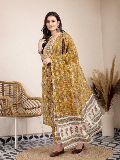 Mustard Pure Cotton Lace Work On Yoke Straight Kurta Dupatta Pant Set