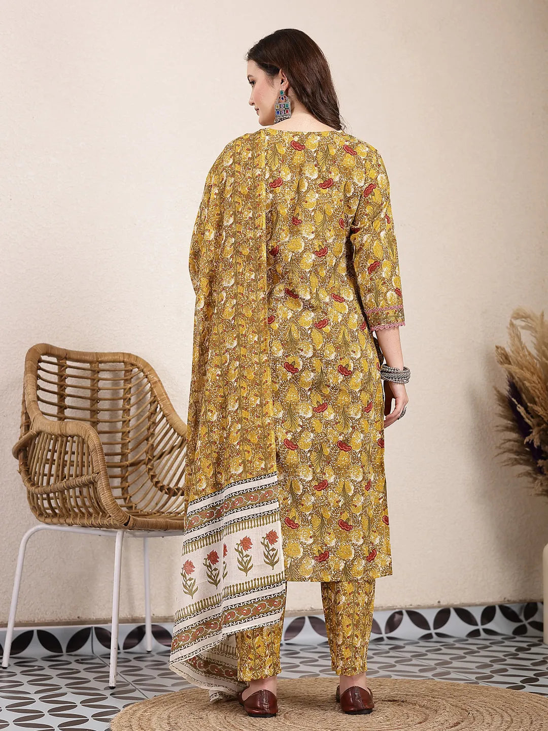 Mustard Pure Cotton Lace Work On Yoke Straight Kurta Dupatta Pant Set