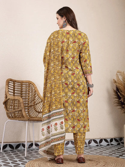Mustard Pure Cotton Lace Work On Yoke Straight Kurta Dupatta Pant Set