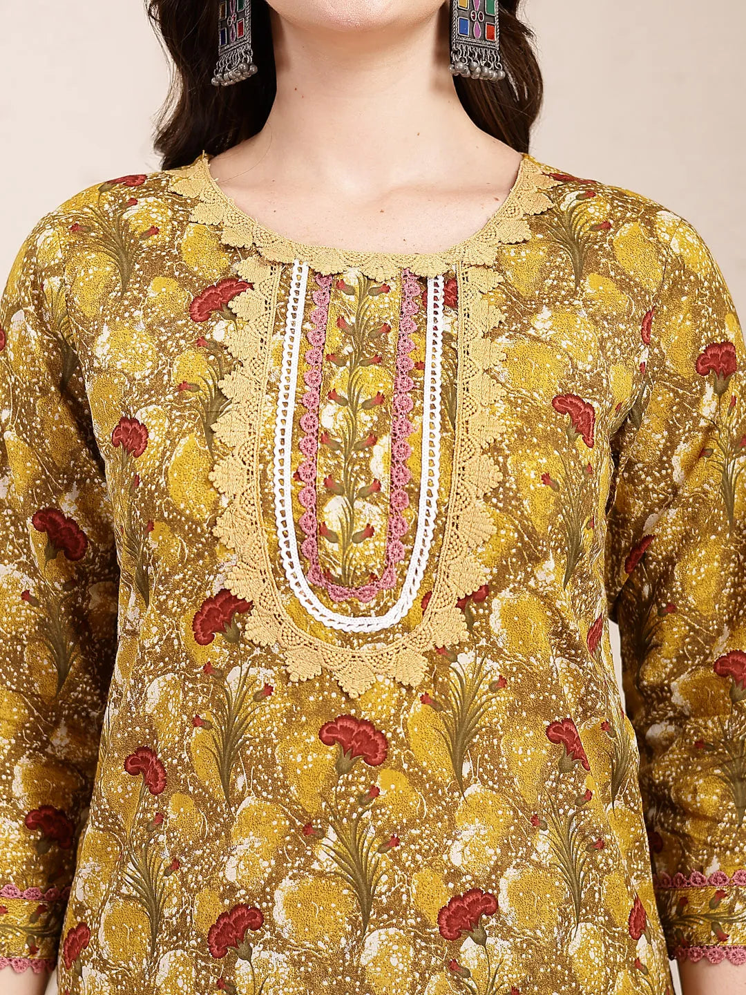 Mustard Pure Cotton Lace Work On Yoke Straight Kurta Dupatta Pant Set