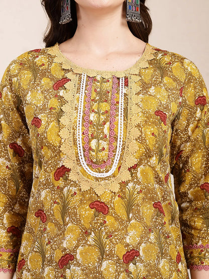 Mustard Pure Cotton Lace Work On Yoke Straight Kurta Dupatta Pant Set