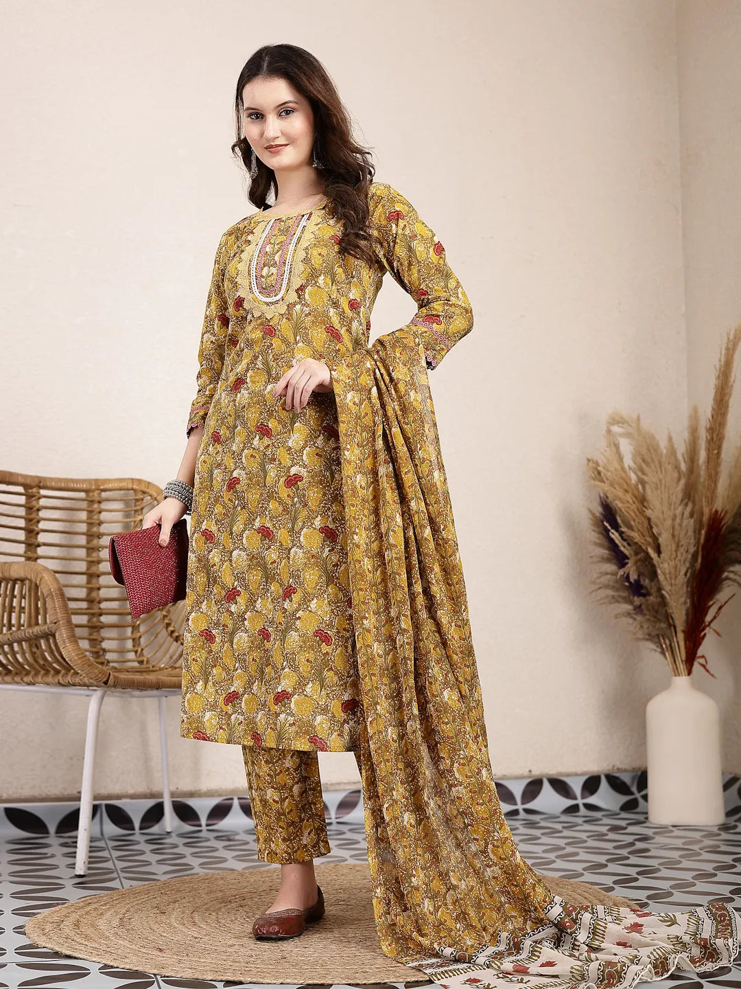 Mustard Pure Cotton Lace Work On Yoke Straight Kurta Dupatta Pant Set