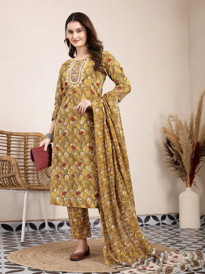 Mustard Pure Cotton Lace Work On Yoke Straight Kurta Dupatta Pant Set