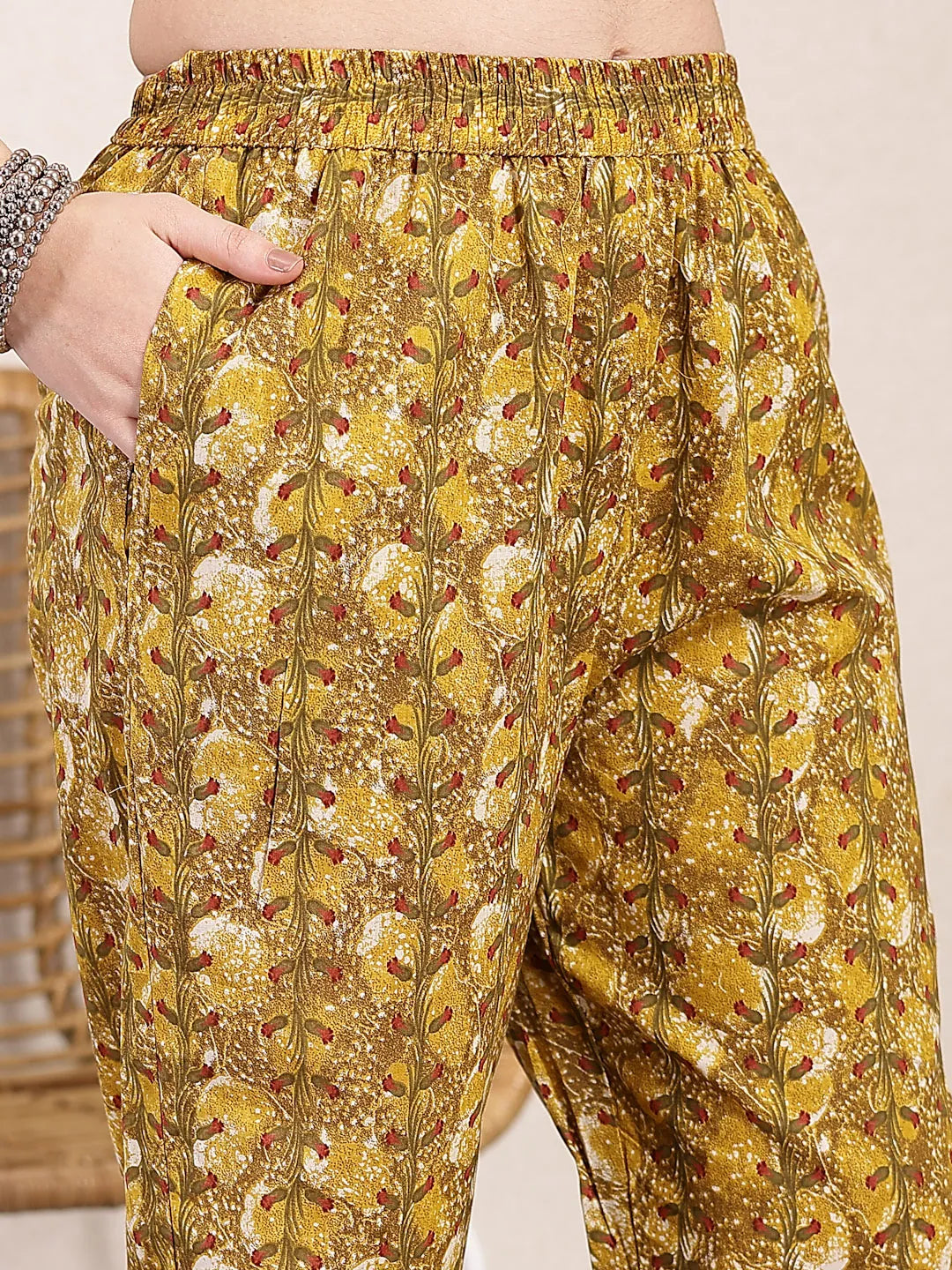 Mustard Pure Cotton Lace Work On Yoke Straight Kurta Dupatta Pant Set