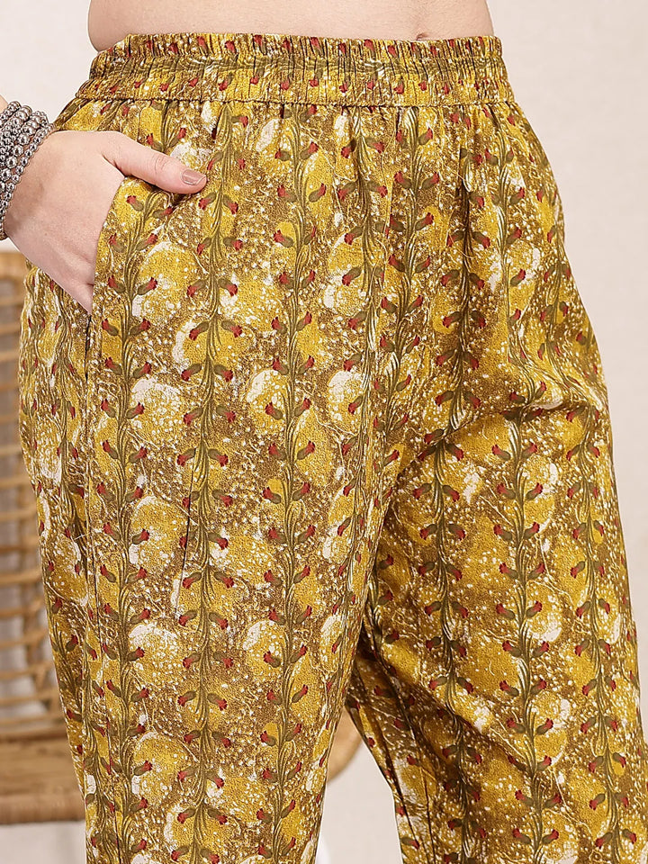 Mustard Pure Cotton Lace Work On Yoke Straight Kurta Dupatta Pant Set