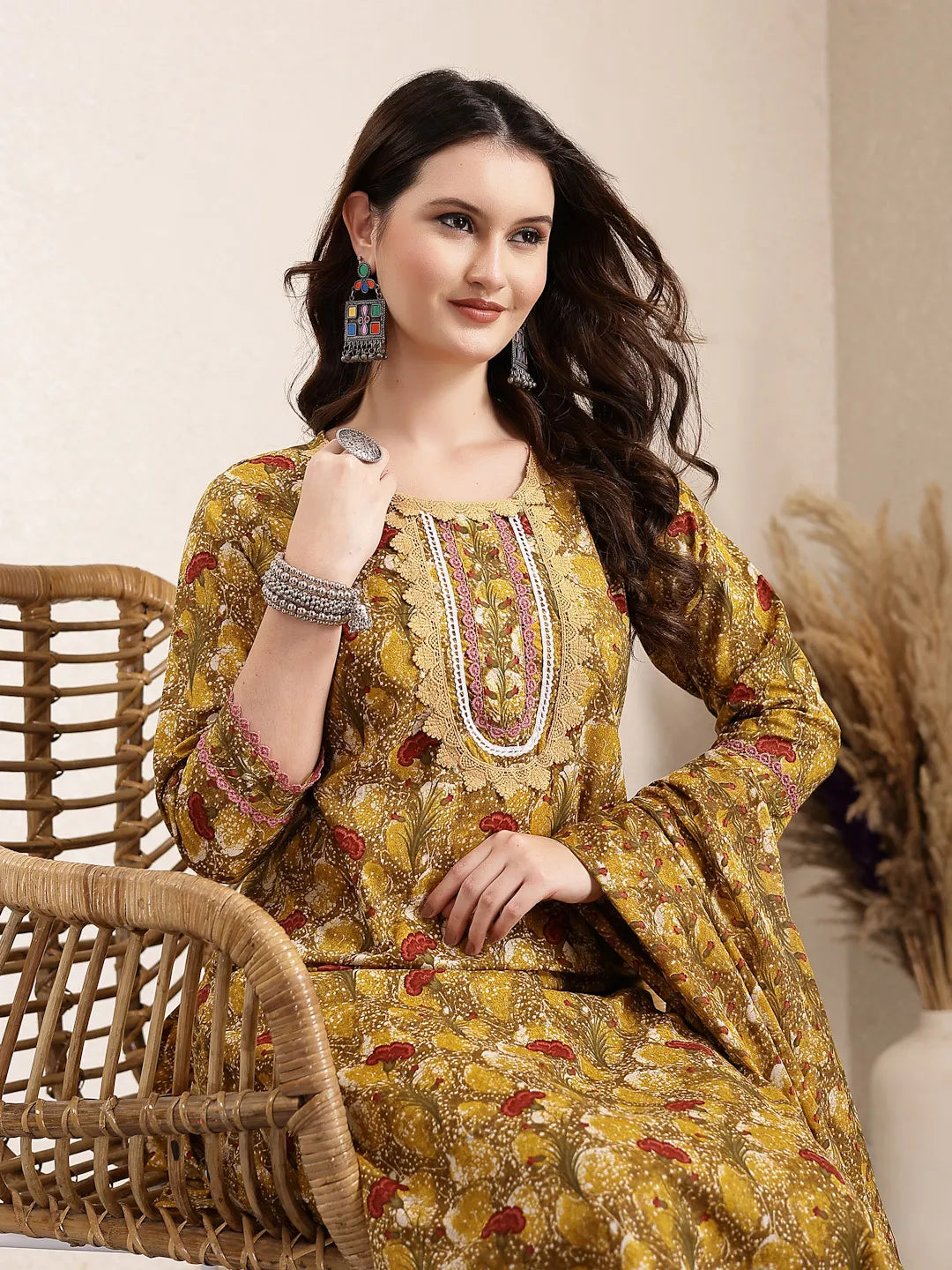 Mustard Pure Cotton Lace Work On Yoke Straight Kurta Dupatta Pant Set