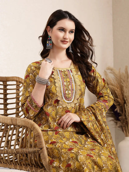 Mustard Pure Cotton Lace Work On Yoke Straight Kurta Dupatta Pant Set