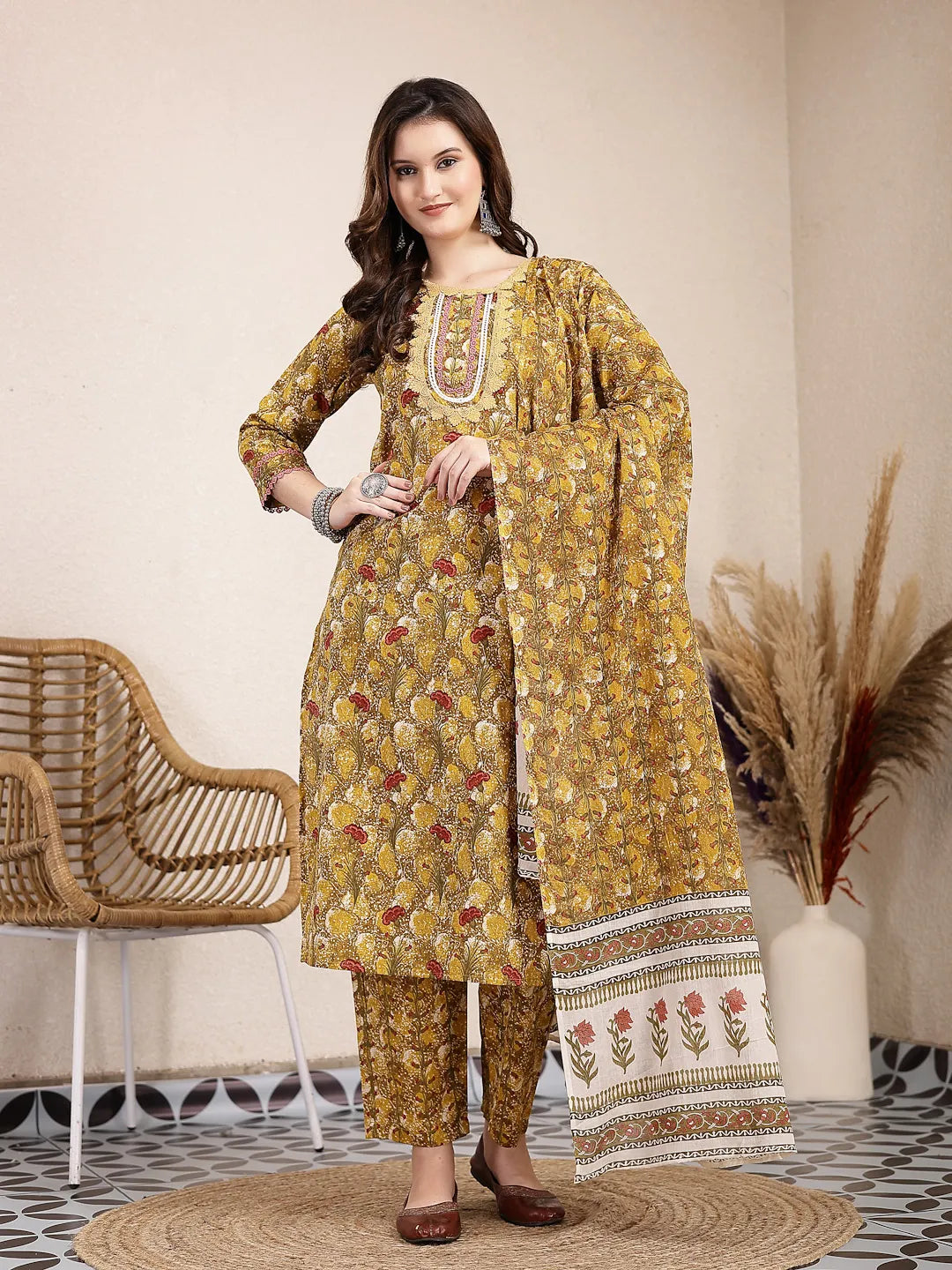 Mustard Pure Cotton Lace Work On Yoke Straight Kurta Dupatta Pant Set