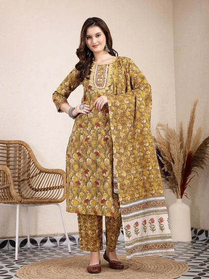 Mustard Pure Cotton Lace Work On Yoke Straight Kurta Dupatta Pant Set