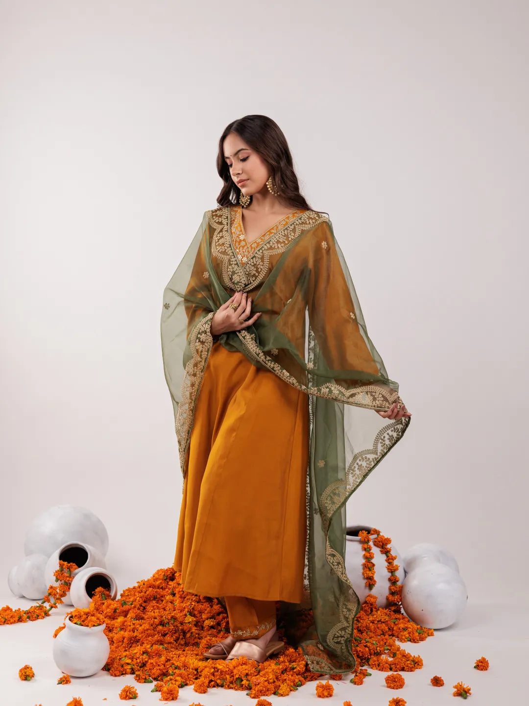 Mustard Silk Embroidered Kurta Dupatta Set
