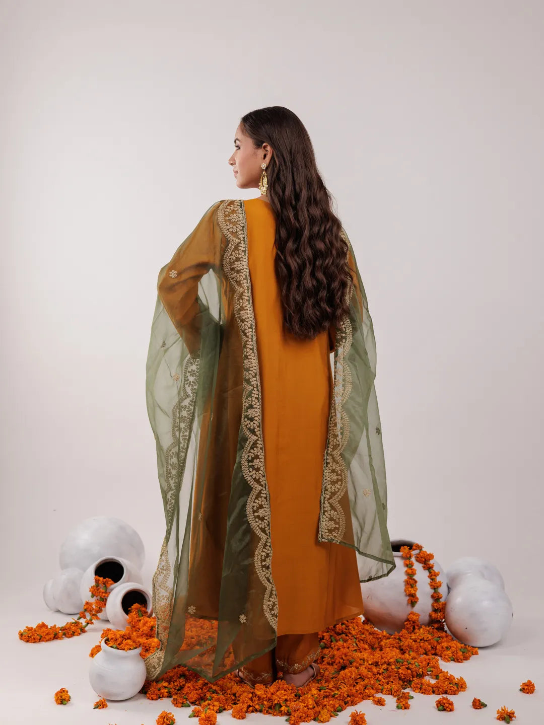 Mustard Silk Embroidered Kurta Dupatta Set