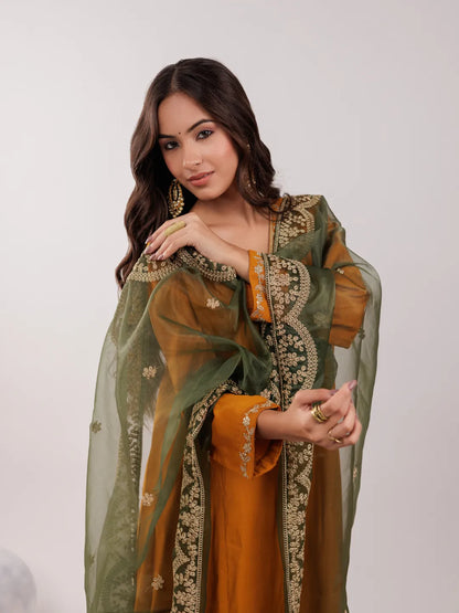 Mustard Silk Embroidered Kurta Dupatta Set