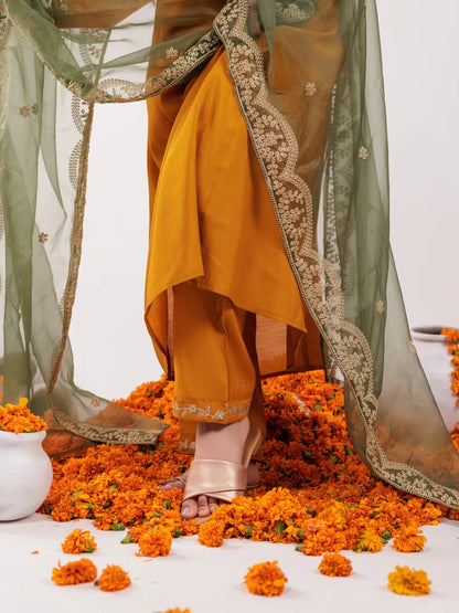 Mustard Silk Embroidered Kurta Dupatta Set