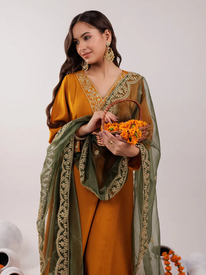 Mustard Silk Embroidered Kurta Dupatta Set