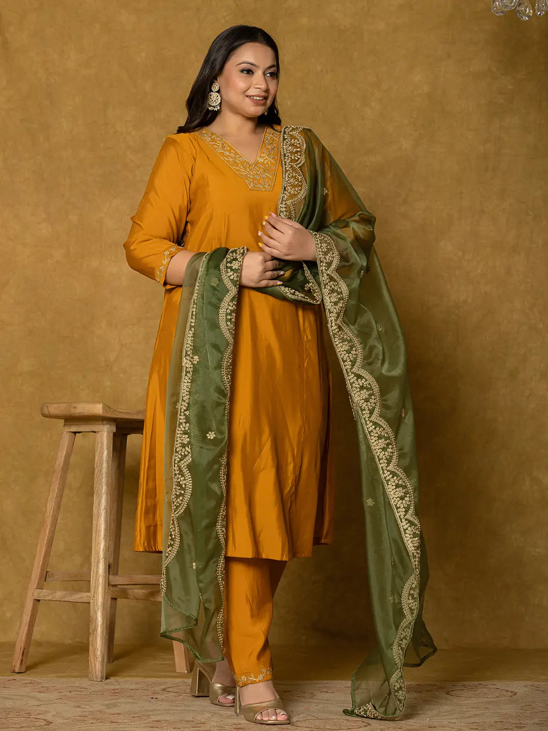 Mustard Silk Embroidered Plus Size Kurta Dupatta Set