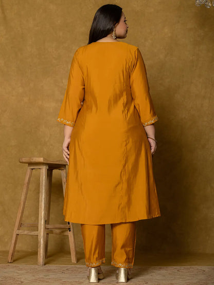 Mustard Silk Embroidered Plus Size Kurta Dupatta Set