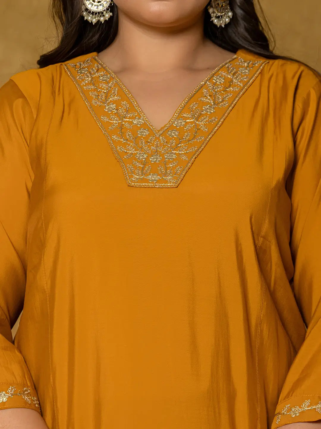 Mustard Silk Embroidered Plus Size Kurta Dupatta Set