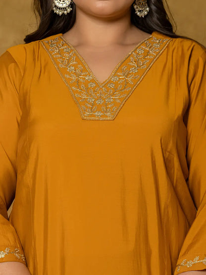 Mustard Silk Embroidered Plus Size Kurta Dupatta Set