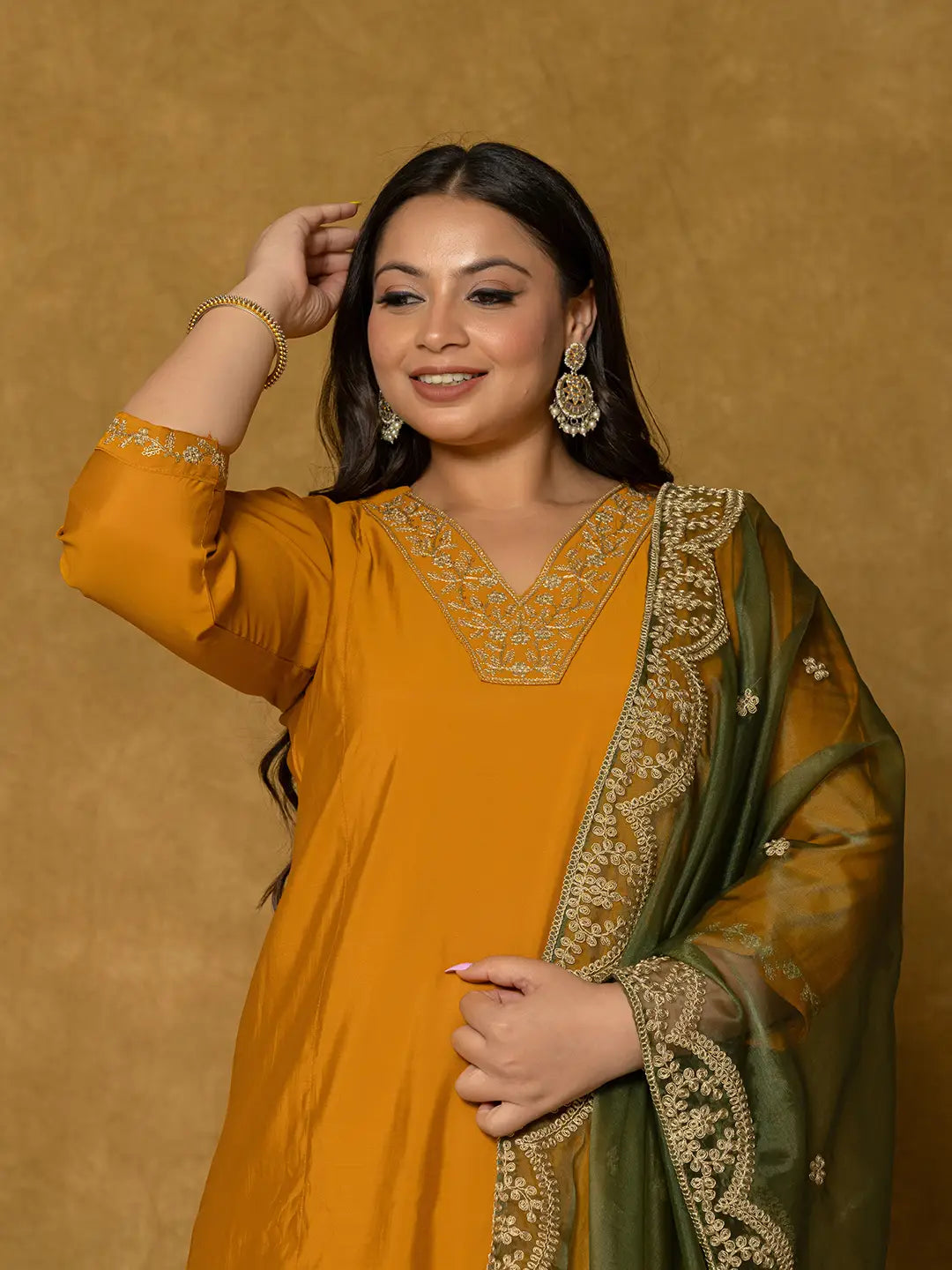 Mustard Silk Embroidered Plus Size Kurta Dupatta Set