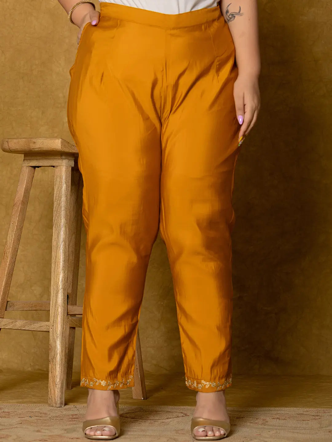 Mustard Silk Embroidered Plus Size Kurta Dupatta Set