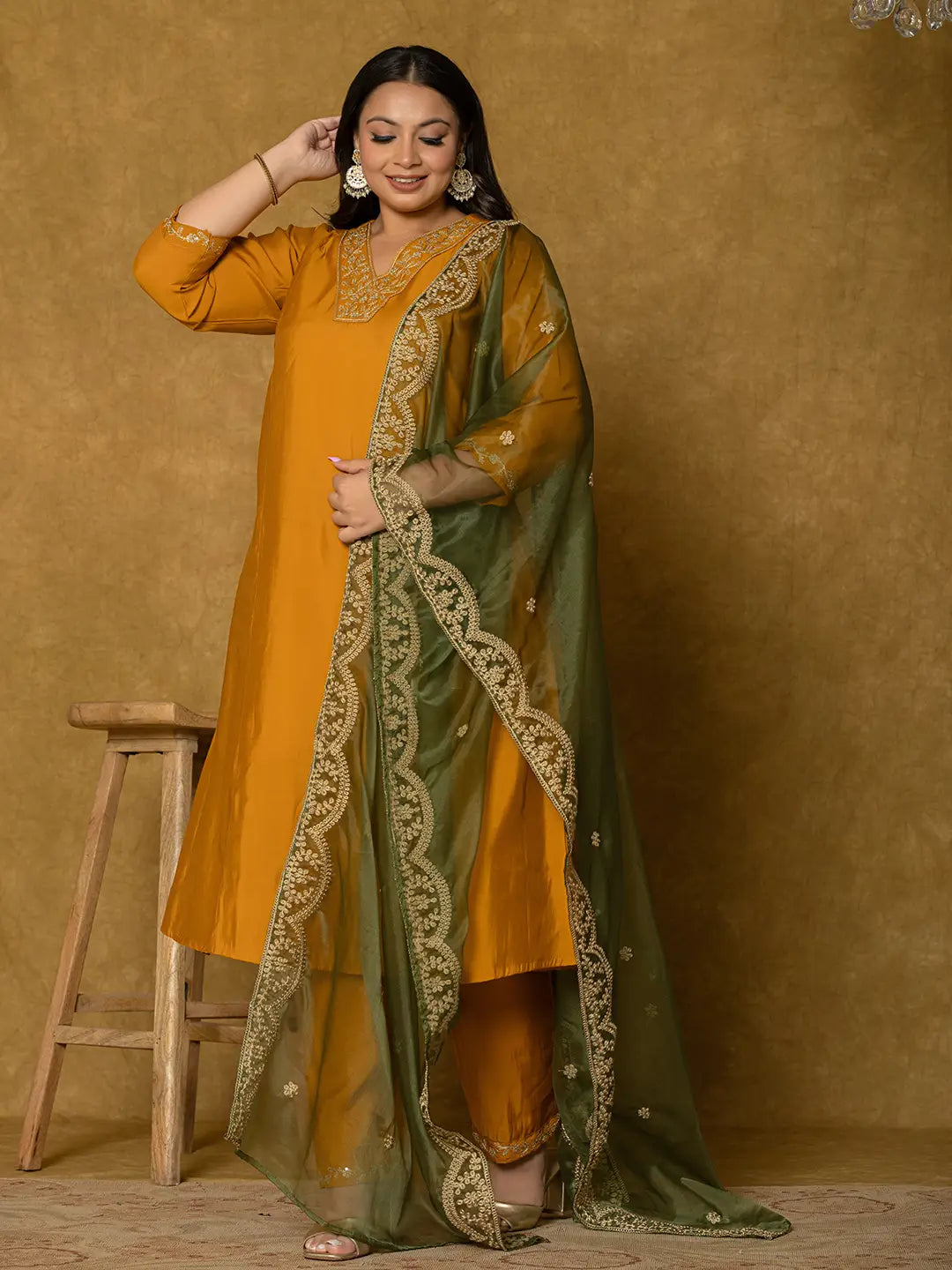 Mustard Silk Embroidered Plus Size Kurta Dupatta Set